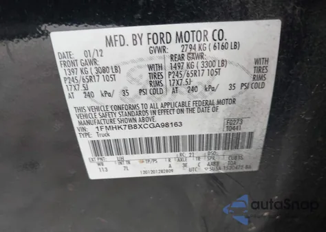 2012 Ford Explorer z USA, uszkodzony, nr VIN 1FMHK7B8XCGA98163